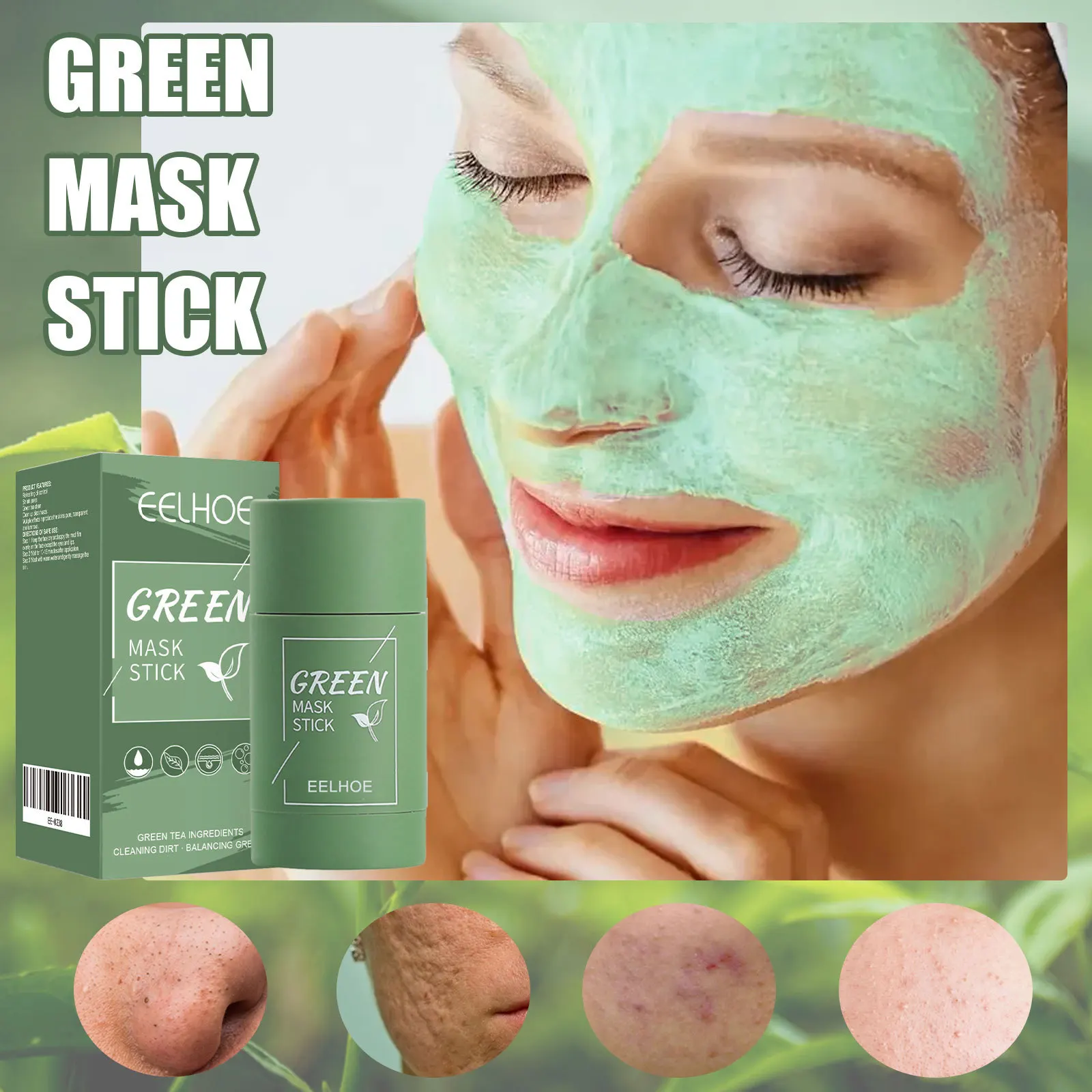 Eelhoe, 1 unidad, mascarilla limpiadora sólida de té verde, arcilla, Control de aceite, reduce los poros, acné, espinillas, elimina la mascarilla hidratante Facial