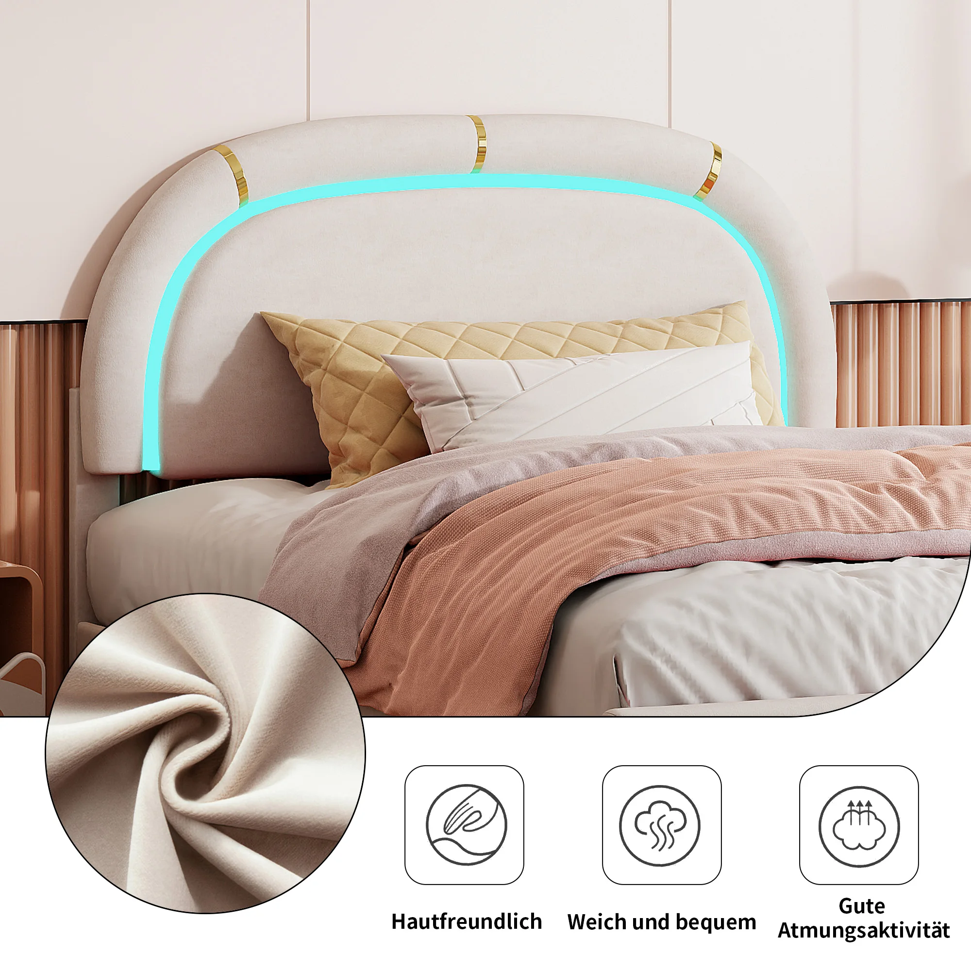 Cama doble LED para niños, marco de cama tapizado con marco de listones y cabecero ajustable, cama de franela para adolescentes, 140x200cm