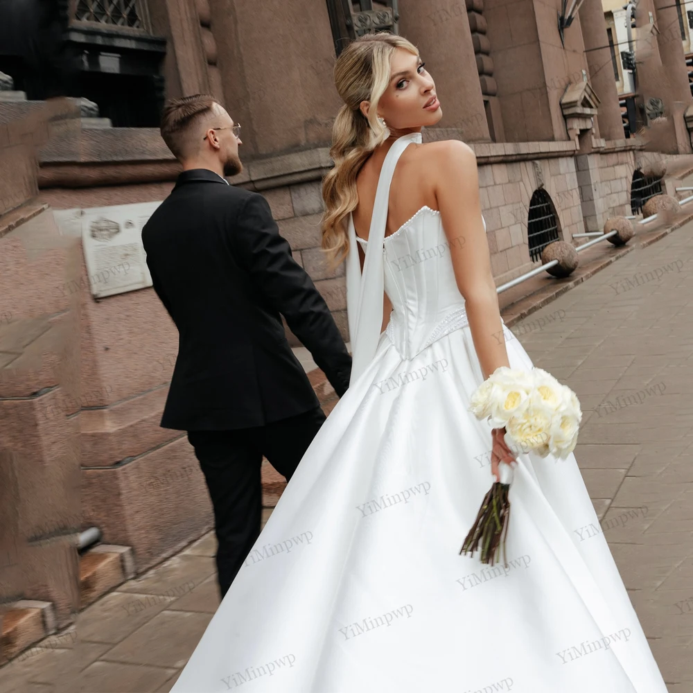 فساتين زفاف أنيقة من الساتان المطرز بدون أكمام بدون حمالات على شكل حرف a بدون أكمام سويب تراين فساتين العروس مع شالات مخصصة #6