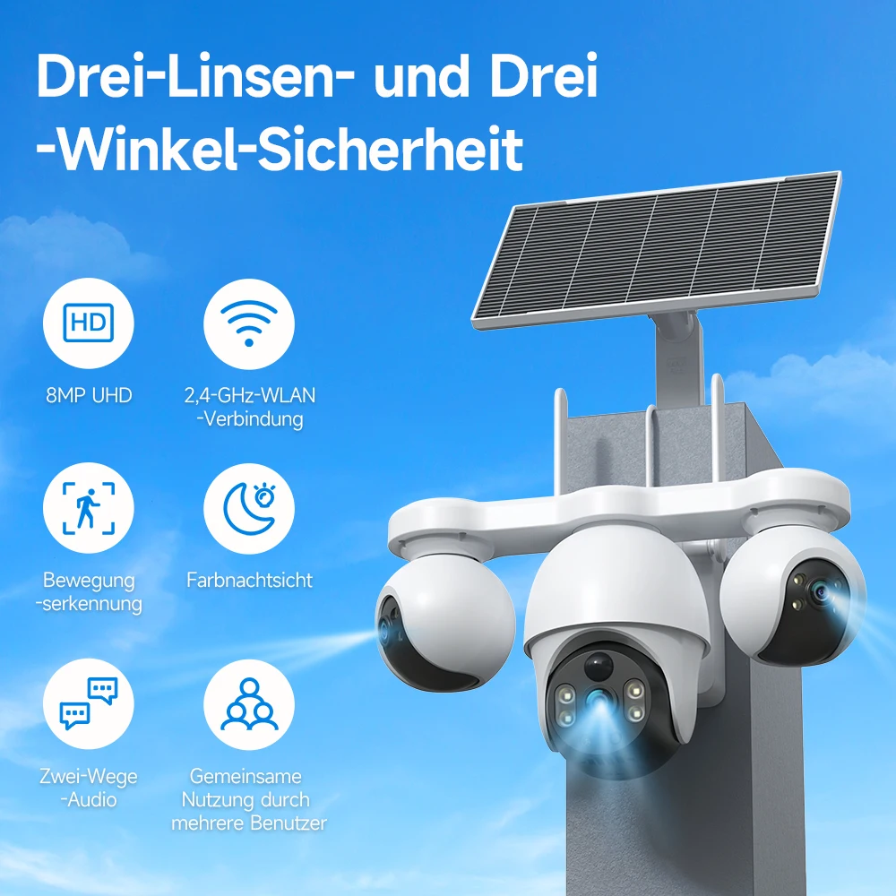 8MP 3-Linsen Solar-WiFi-PTZ-Kamera für den Außenbereich, 3 Ansichtswege, Farbnachtsicht, Zwei-Wege-Audio, Bewegungserkennung, wasserdichte Sicherheitskamera