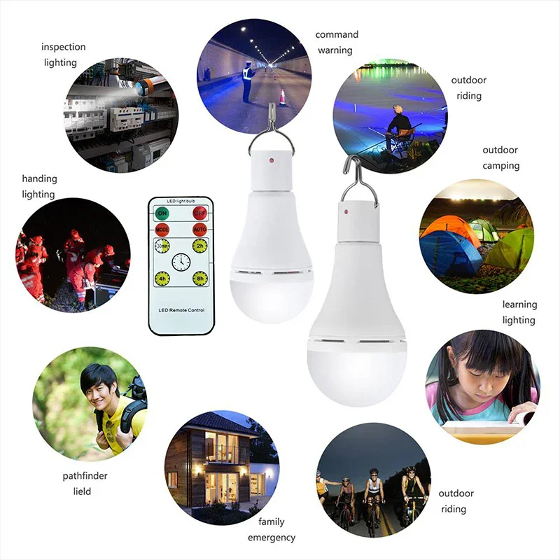 LED Solar Lights Bulb Outdoor Portable Hang Lamp Remote Control Camping Bulbs Hook Tent Light Home Repair Emergency Flashlight