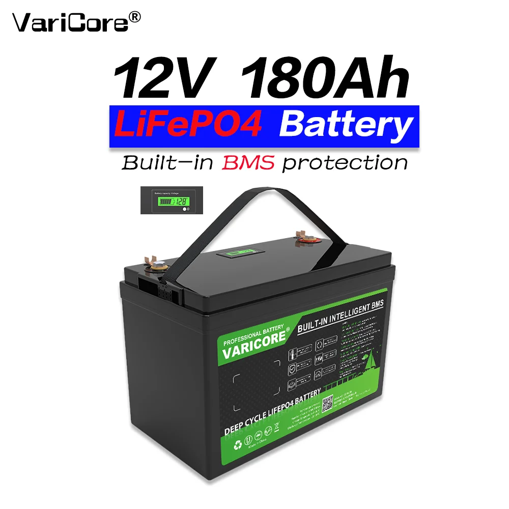 12V 180Ah LiFePO4 Battery Deep Cycle Rechargeable Lithium Iron Phosphate Battery with BMS for RV Camping Solar Power System Boat