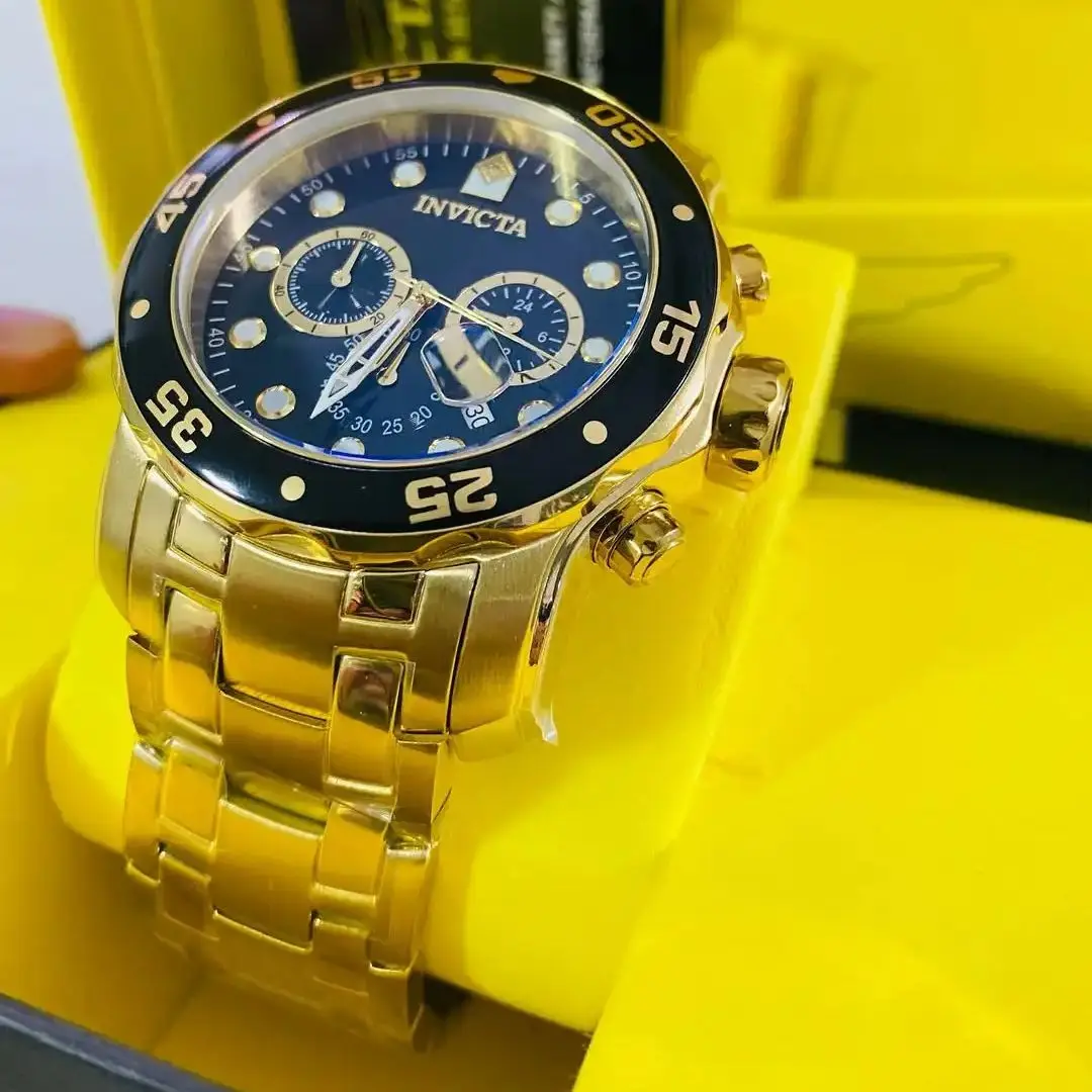 Relógio Masculino de Luxo Invicta Pro Diver 0072 Banhado a Ouro 18K Funcional À Prova D'água Enviado Completo na Caixa