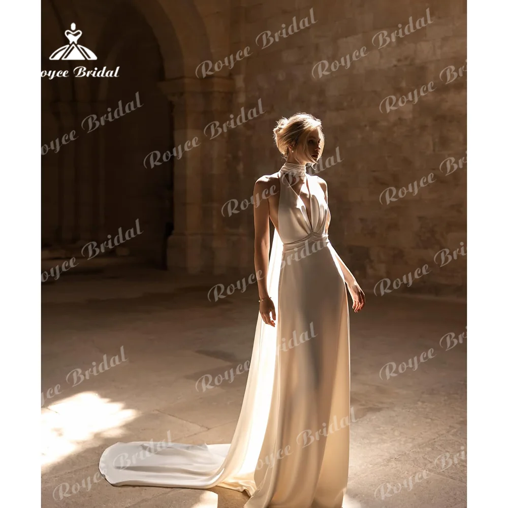 

Elegant Watteau Halter Bridal Gown Satin Backless Customized Decorative Long Train Pick-ups Sheath V-Neck Dress