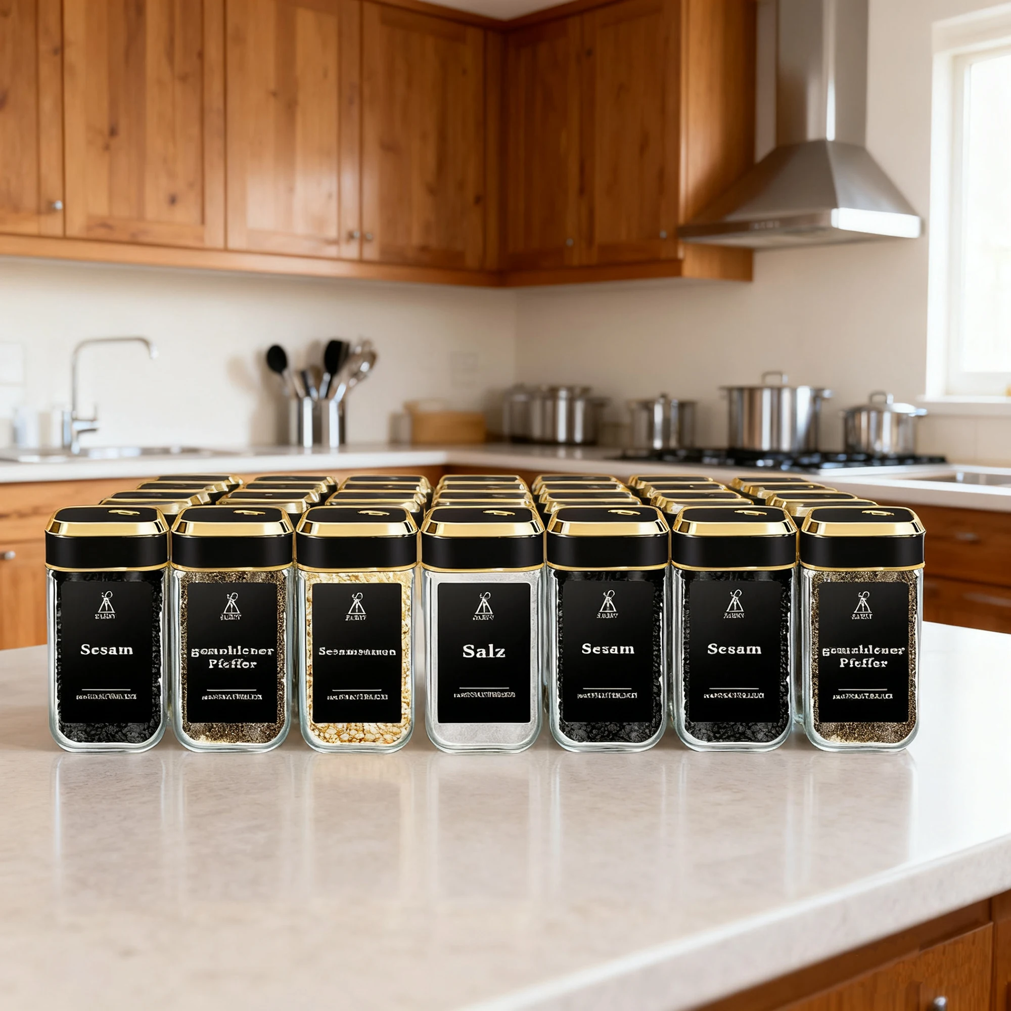 Set di barattoli per spezie SAEIV da 12/24 pezzi, color oro, bottiglie da 120 ml in vetro borosilicato di alta qualità, per una conservazione ordinata delle spezie.
