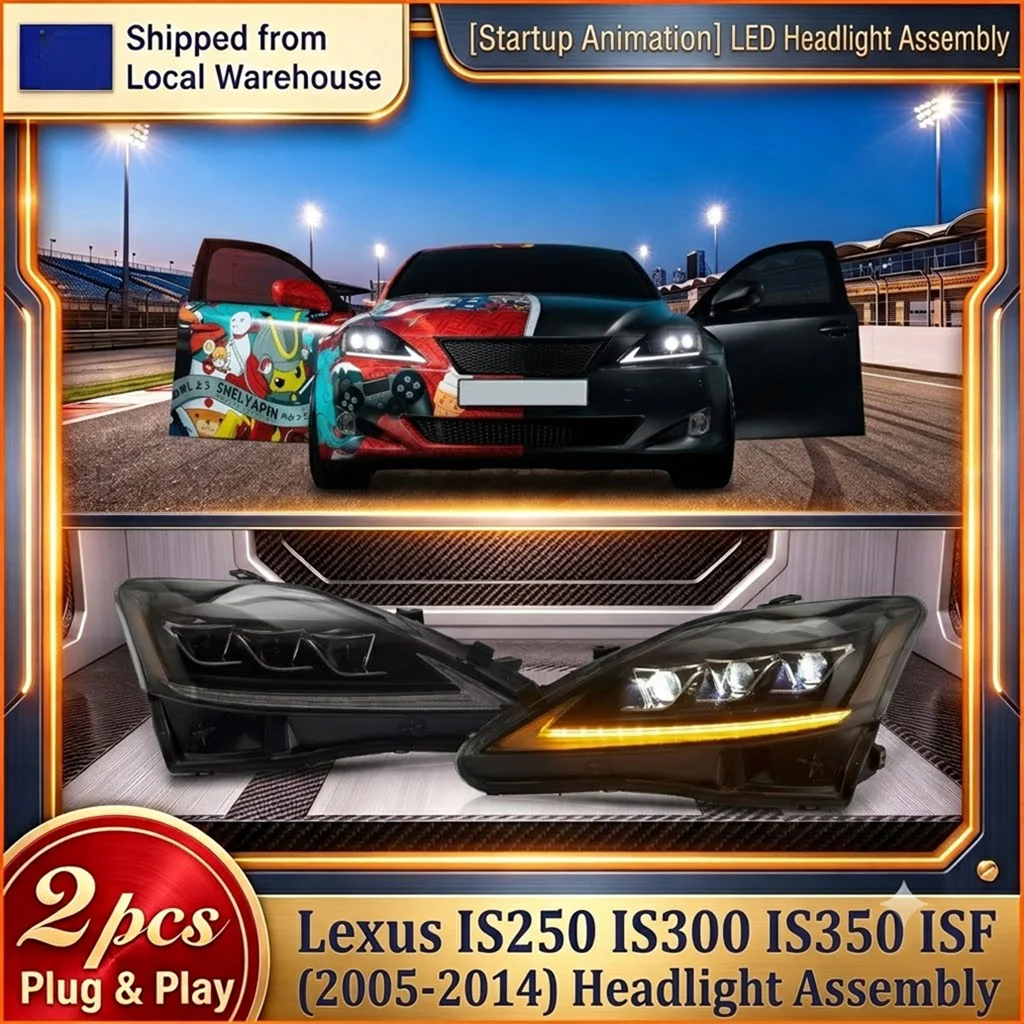 2 Stück LED-Scheinwerfer-Set für Lexus IS250 IS300 IS350 ISF 2005-2014, E-Mark-zugelassen, Frontscheinwerfer mit dynamischem sequenziellem gelbem Blinker, DRL, LHD, direkte Montage, Plug-and-Play,