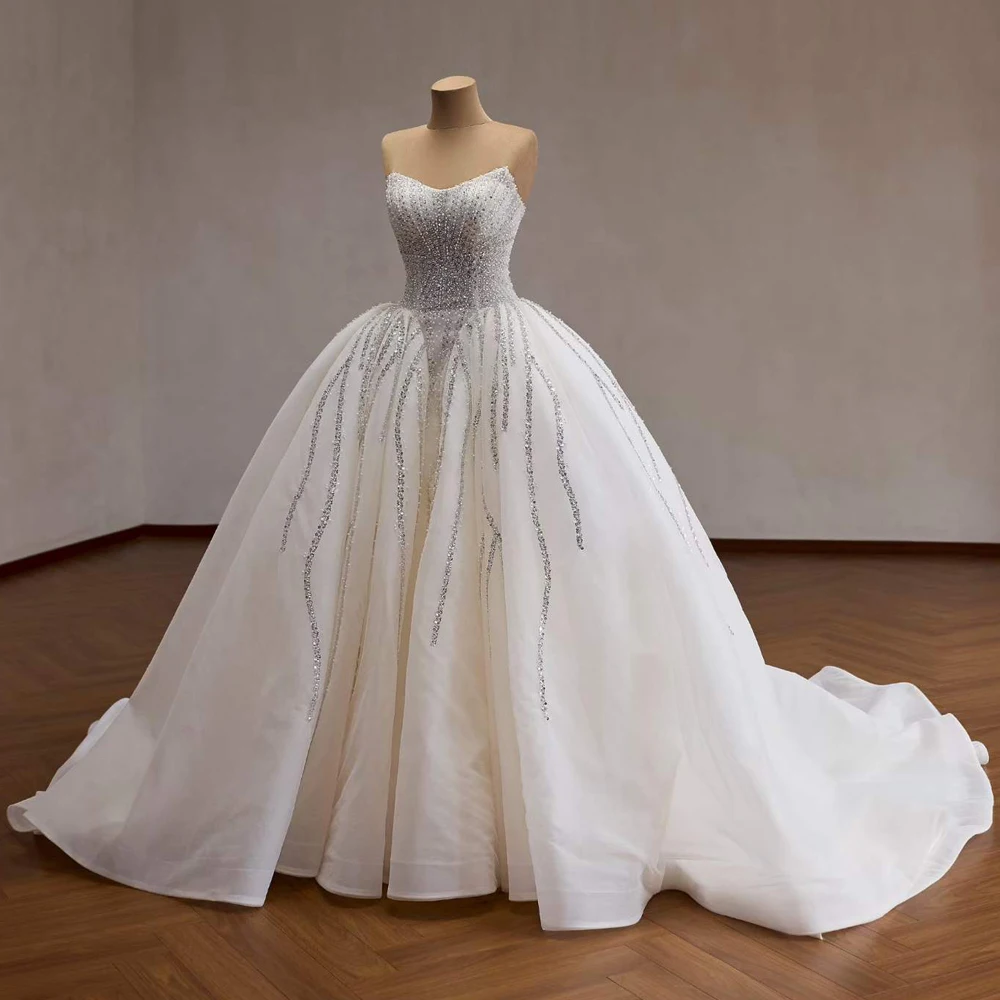 Vestidos De Novia 2026 Crystal Rhinestone Pearl A line Organza Dropped V Waist Wedding Bridal Dress