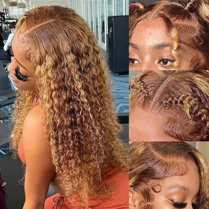 200% الكثافة العسل شقراء أومبير الدانتيل الباروكة شعر الإنسان 13X4 HD تسليط الضوء على موجة عميقة باروكة من شعر طبيعي 4/27 قبل قطعها 26 بوصة