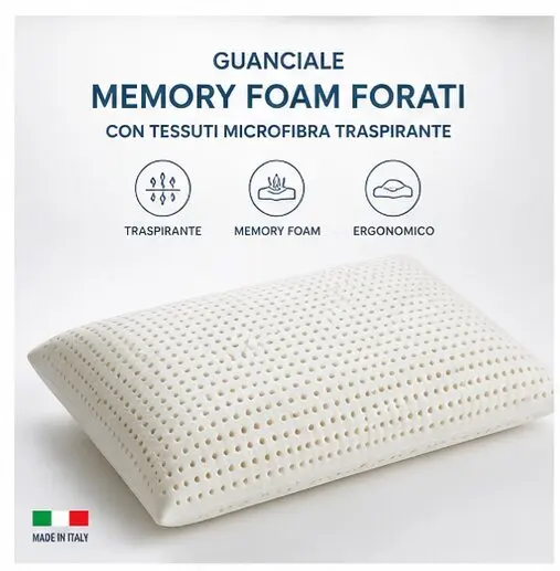 Oreiller ergonomique en mousse à mémoire de forme avec perforations et housse en microfibre respirante