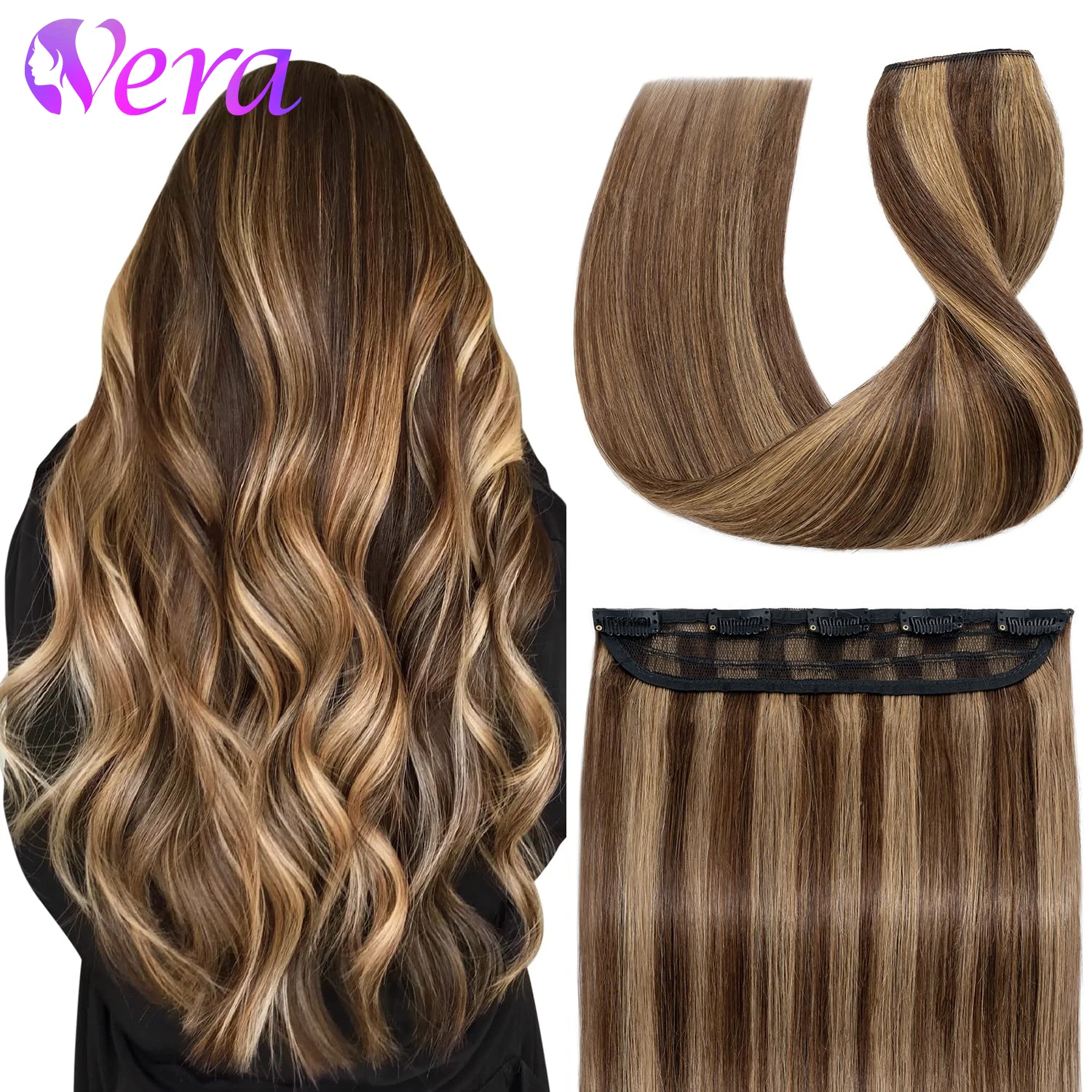 

Наращивание волос на клипсах для женщин, цельный, 5 зажимов, настоящие человеческие волосы Remy, длинный прямой парик # 4/27 Коричневый Подсветка