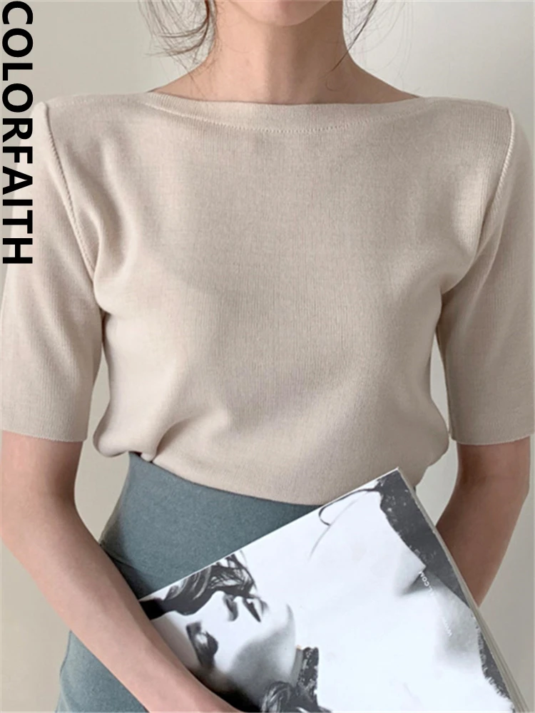 Colorfaith New 2022 Bottoming Basic Solid Fashionable Knitted Minimalist Style Korean Wild Lady Women Summer T-Shirt Tops T7609