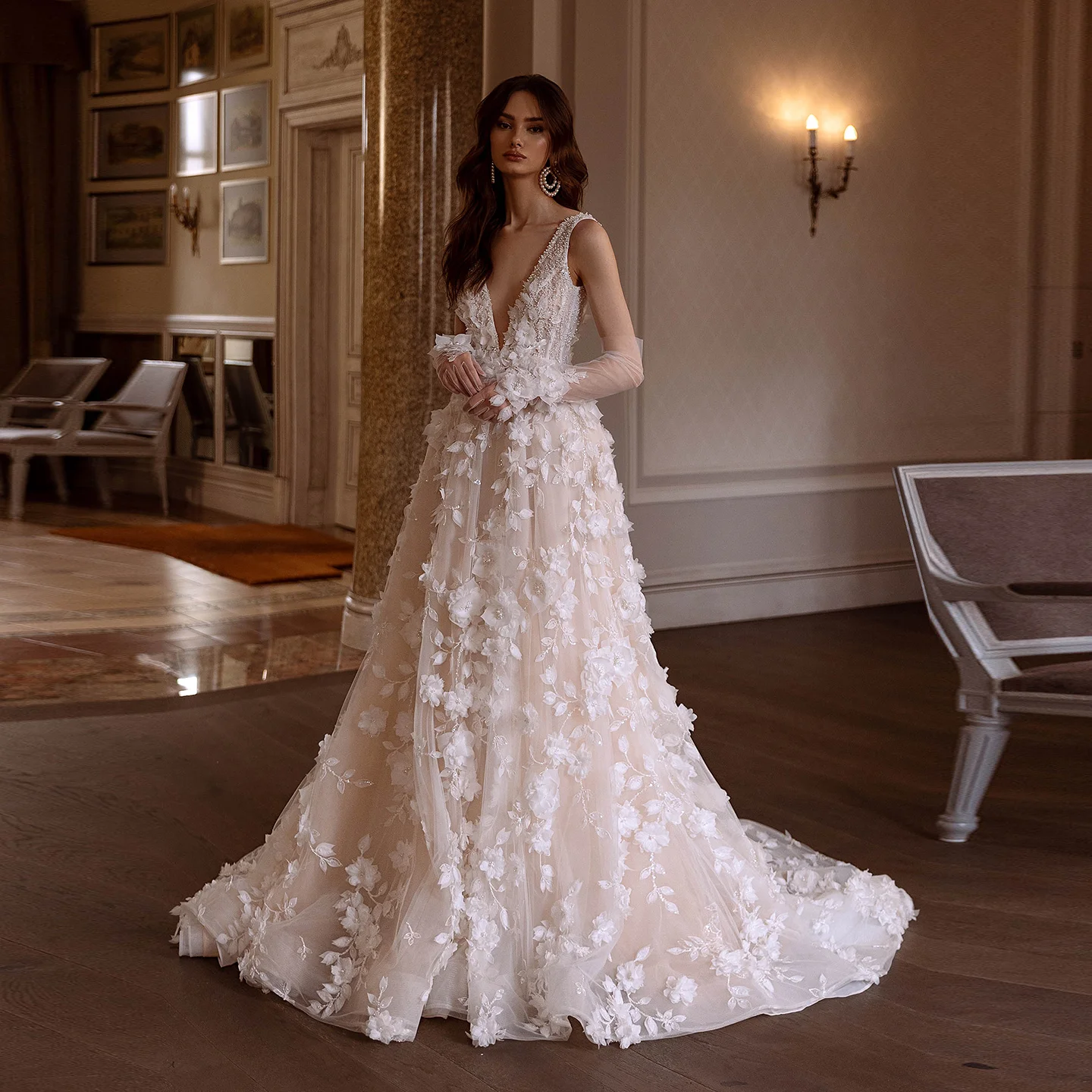 

Sharon Said Romantic 3D Flower Pearl A-Line Off White Wedding Dress 2025 Deep V-Neck Long Gloves Bride Gowns SW492 Customized