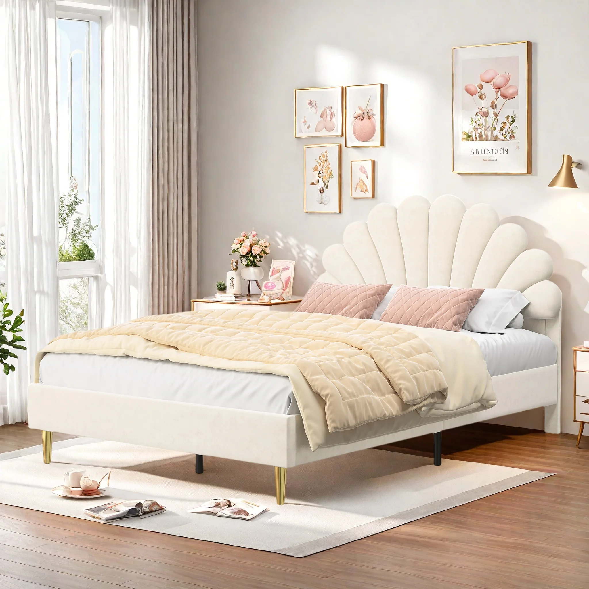 Rosahqnda Cama tapizada de 90/140x200cm, cama infantil con cabecero de pétalos, cama doble para niños, jóvenes y adultos, terciopelo
