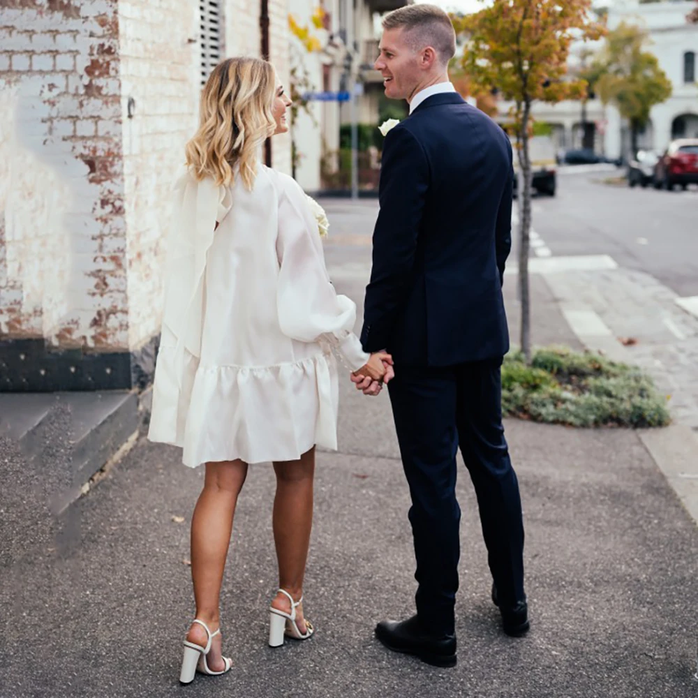 Abito da sposa in Organza di raso con collo alto Mini lunghezza su misura sopra il ginocchio maniche lunghe a sbuffo increspato abito da sposa taglie forti