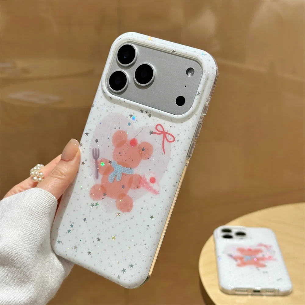 เคสโทรศัพท์ลายหมีน่ารัก เย็บแบบเรียบง่าย สำหรับ iPhone 17 16 ProMax 14 15 Pro เคสโทรศัพท์แบบใหม่ น่ารัก กันกระแทก ป้องกันอย่างดี