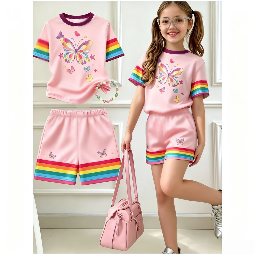 Girls Co‑Ord Set Vibrant Butterfly Graphic Short Sleeve Tee and Rainbow Striped Hem Shorts for Kids Summer Casual Daily Clothing