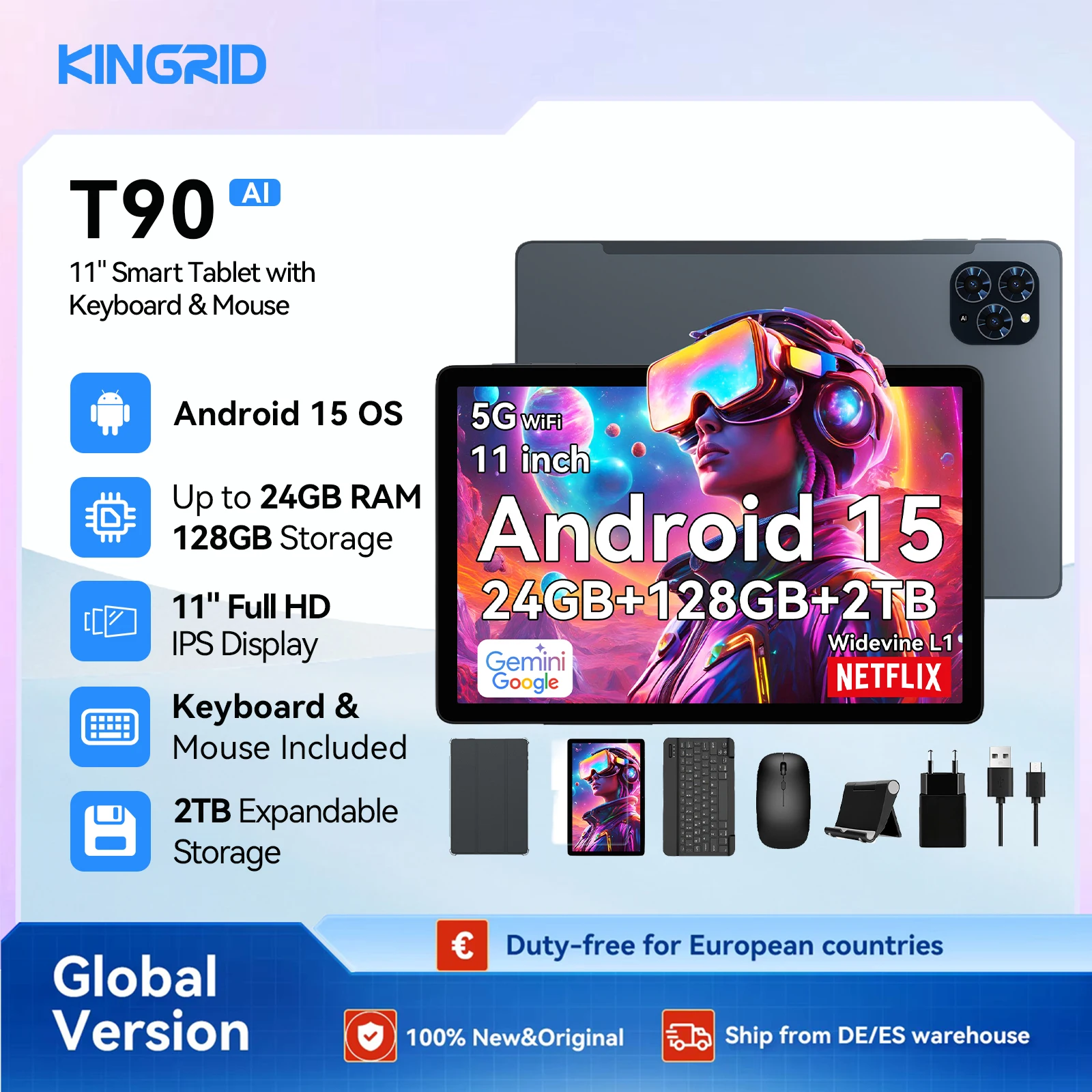 KINGRID T90 Android 15 Tablet-PC mit BT-Tastatur, Maus - Gemini AI, 24GB (8+16) RAM 128GB ROM, Octa Core T615, Gaming-Tablet 11 Zoll Tablet Android
