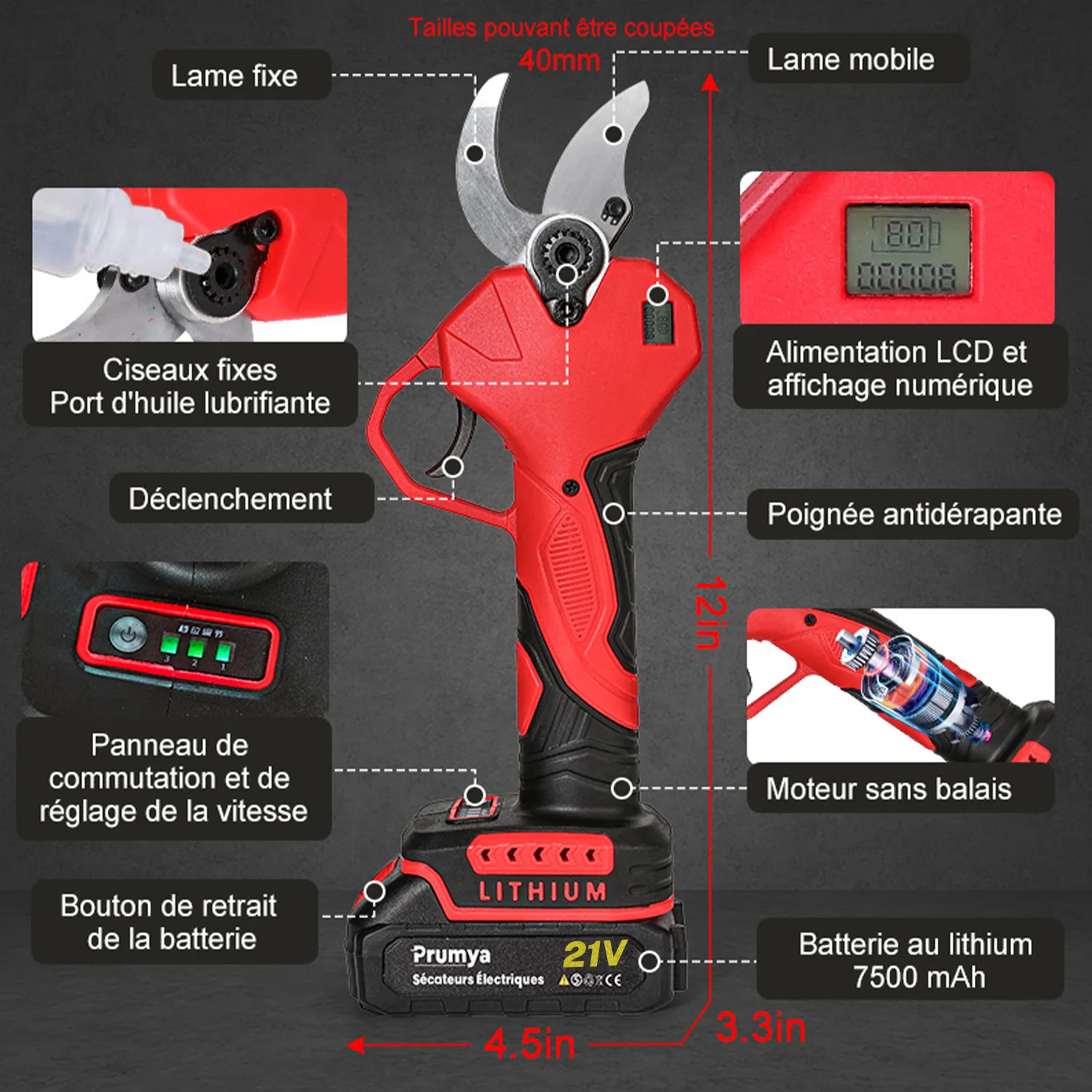 40 مللي متر مقصات التقليم الكهربائية بدون فرش شجرة الفاكهة اللاسلكية بونساي حديقة تشذيب المقصات الكهربائية مناسبة لزيوت البطارية 21 فولت