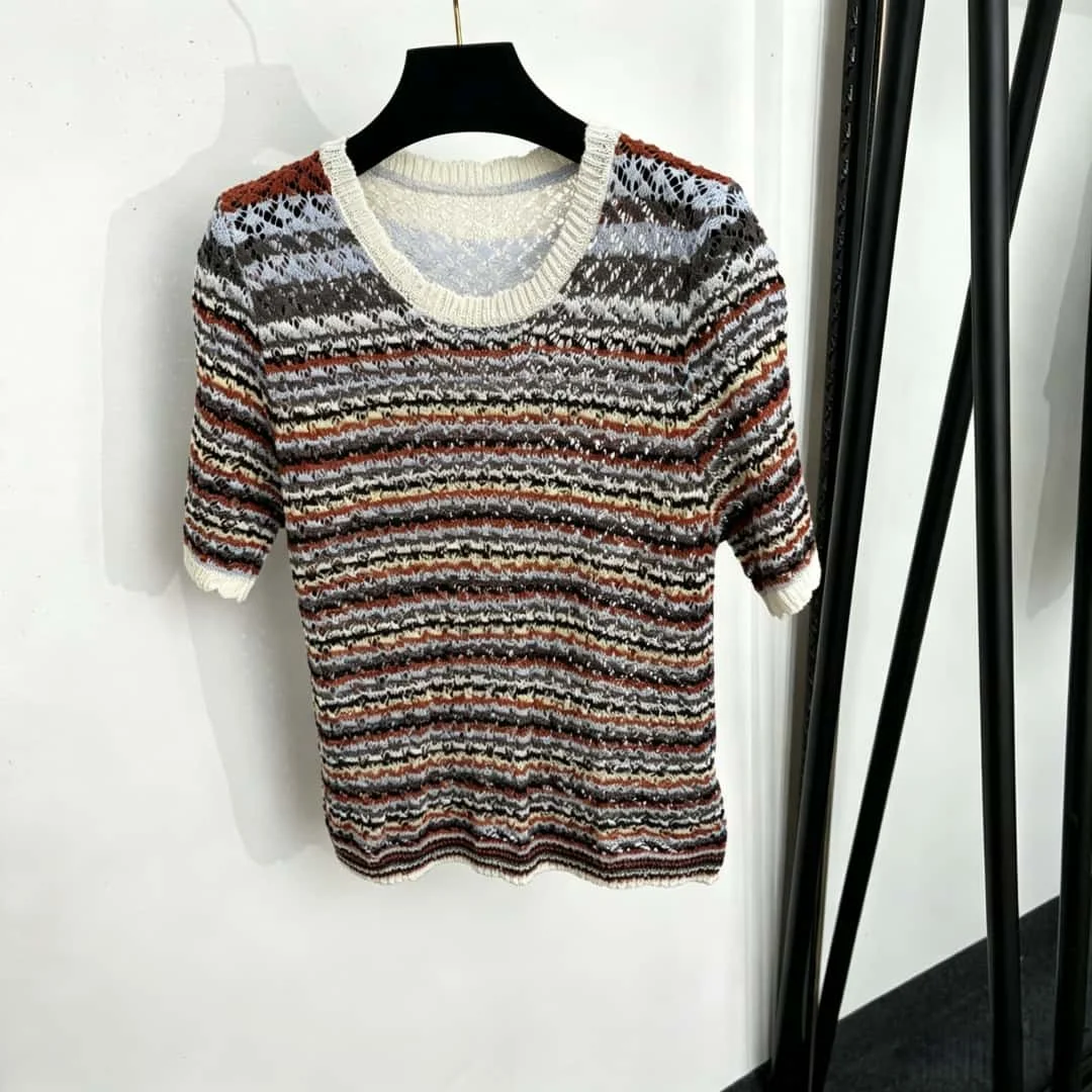 77-2026 New Women's Classic Luxury Y2K-Style Short-Sleeve Wool Knit Top with Contrast Stripes