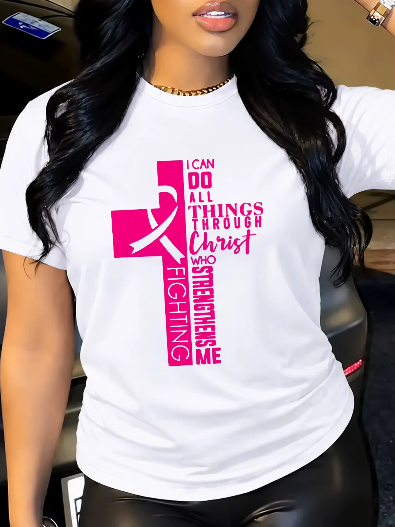 Women'S Cross Pink Ribbon Pink October Fight Breast Cancer Graphic T-Shirt Vintage Crew Neck Comfortable Casual Wear