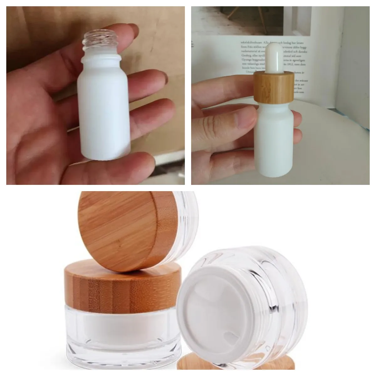 

5ml 10ml Matte White Glass Bottle with Bamboo Dropper Cap 100g Clear Glass Jar 20ml Frosted Glass Bottle with Black/White Caps