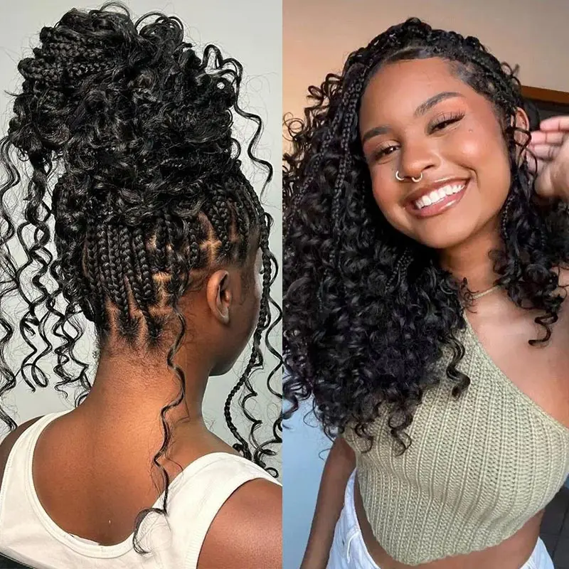 

Short 12 Inch Bohemian Bob Braided Wigs With Curly Knotless Box Full Lace Braid Wig Synthetic Goddess Braids Faux Locs Wig