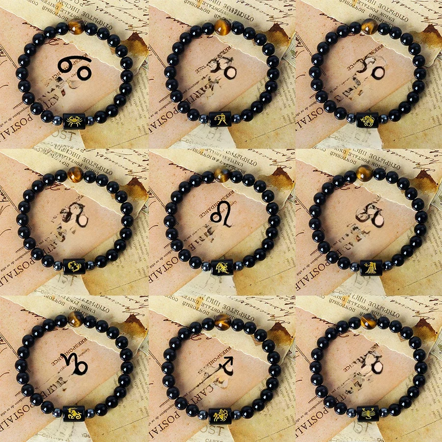 12 Sternzeichen Charme Armbänder Männer Libra Obsidian Tigerauge Stein Perlen Armbänder für Frauen