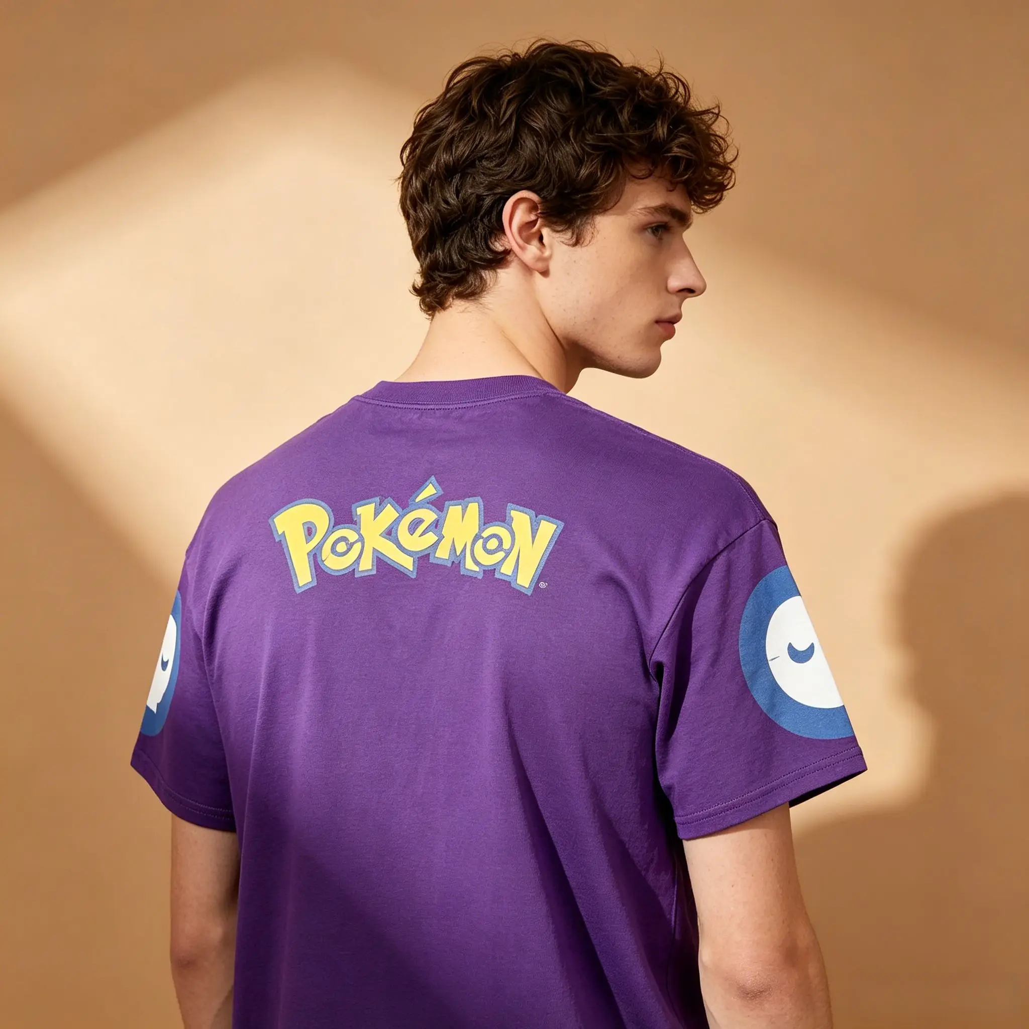 Men's Purple Pokemon Gengar Anime Name Japanese Text Sleeve Print Crew Neck T-Shirt, Retro Otaku Streetwear Short Sleeve Graphic