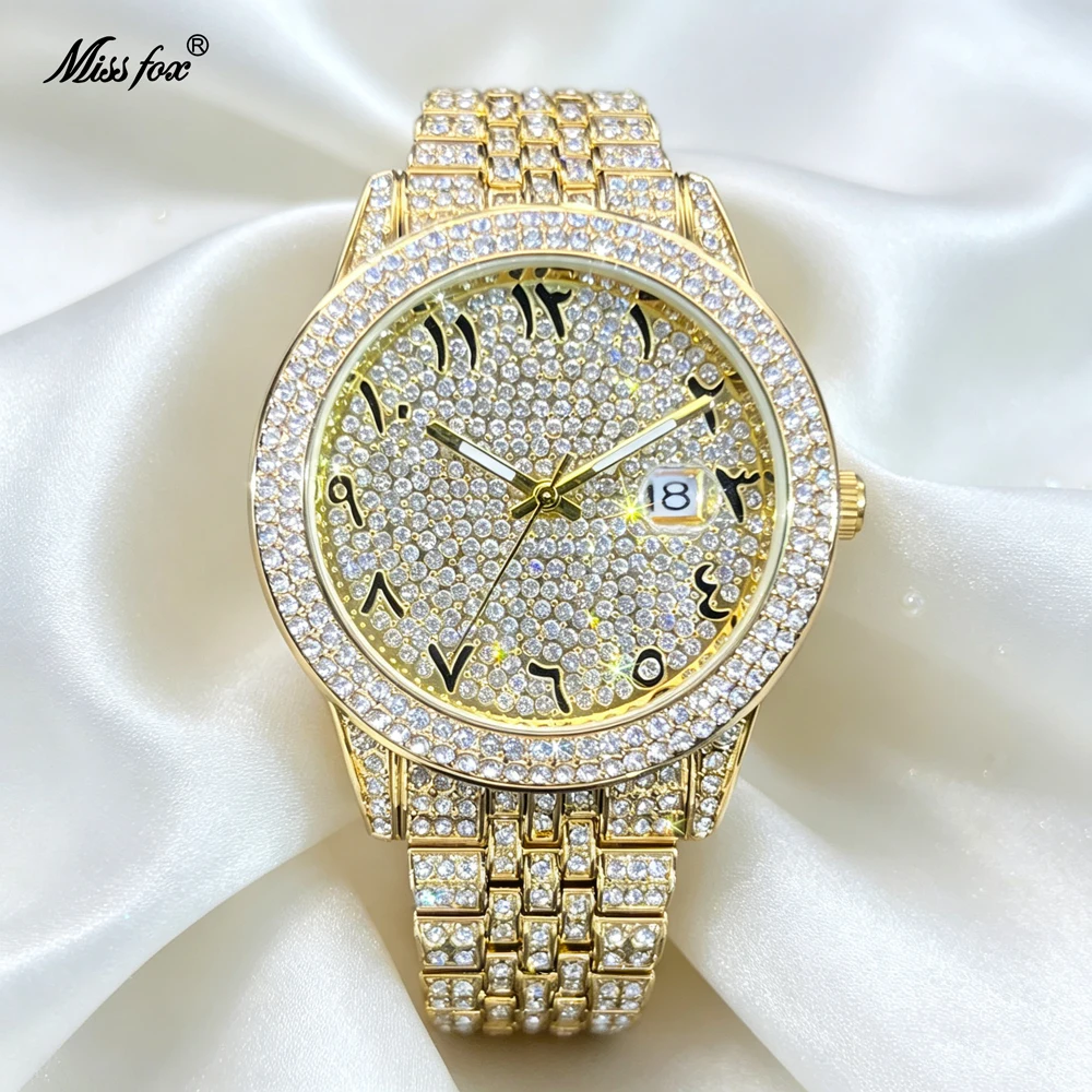 Missfox Luxury Full Diamond Men Quartz Watch GoldBracelet Big Face Arabic Numeral Dial Date Calendar Bling Iced Out Crystal Hip Hop Rapper Business Dress Waterproof Male Wrist Watch Holiday Gift For Men Husband Boyfriend