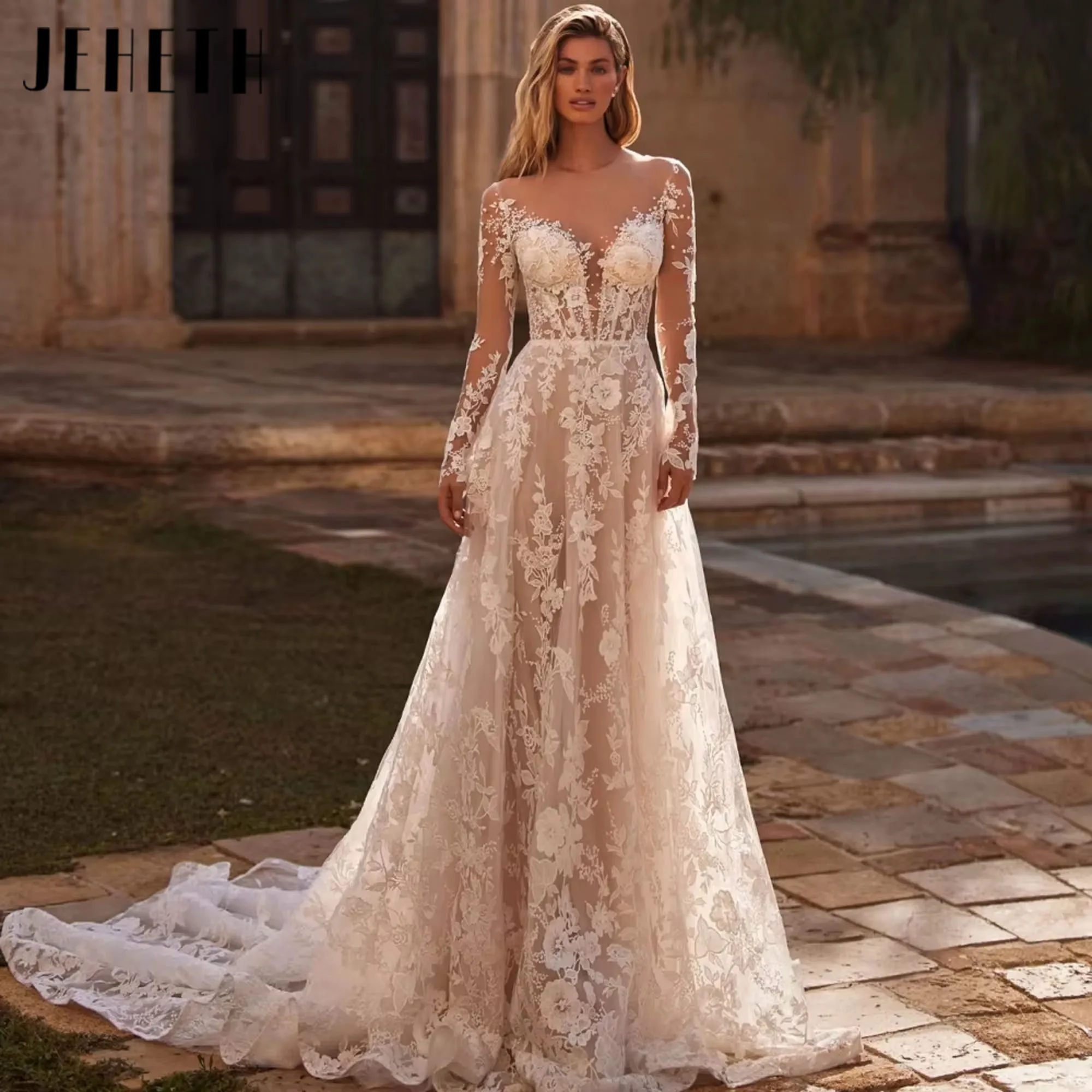 JEHETH Stunning Pearls Lace Appliques Wedding Dress Modest Long Sleeve Bridal Gown  A-line Tulle Dresses For Bride Customized