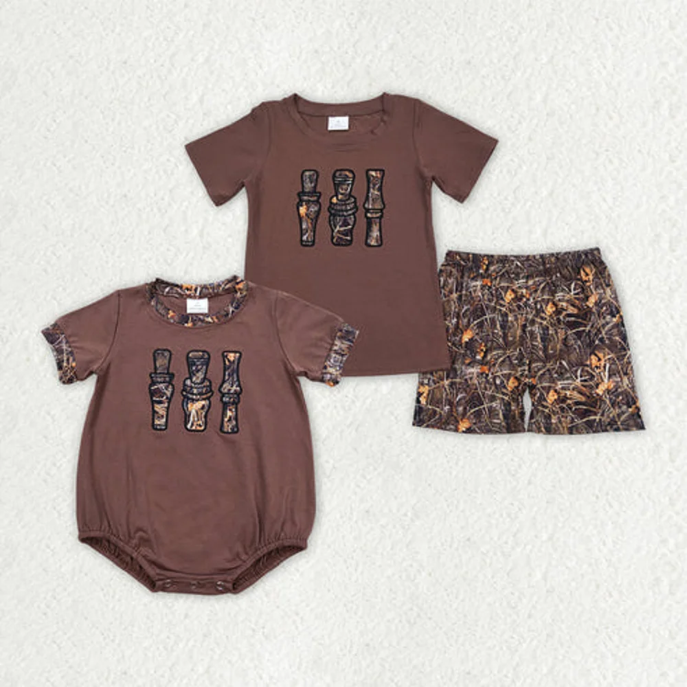 Match Baby Boys Brown Camo Duck Call Rompers Sibling Brother Clothes Sets Wholesale Boutique Fashion Children Clothing