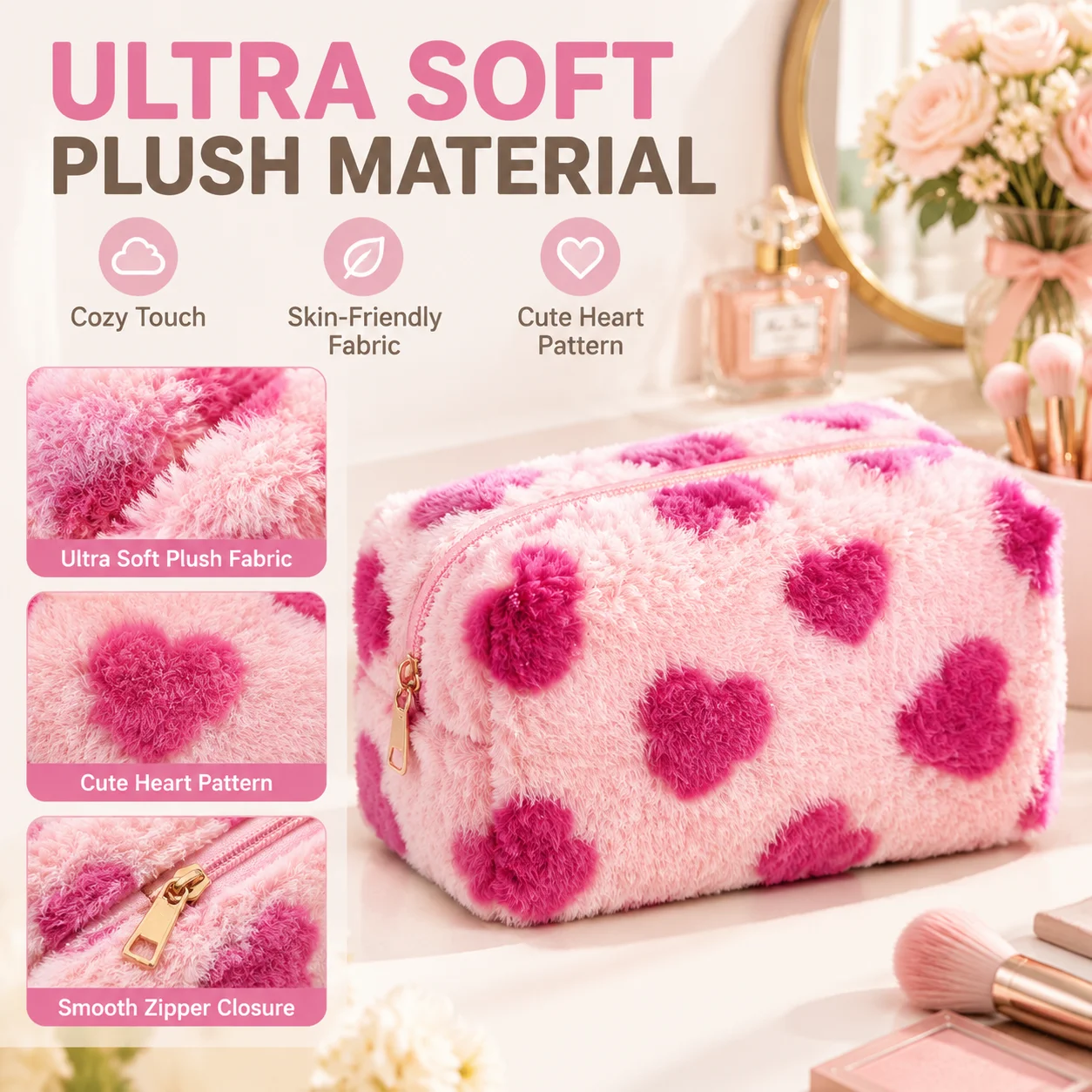 Cute Sweet Heart Pattern Plush Pouch Durable Makeup Girly Women Large Capacity Cosmetic Bag Travel Portable Storage Bags