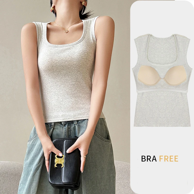 Korea Stylish Women\'s Camisole with Padded Bust Solid Color Sleeveless Undershirts Slim Tops Concealing Side Cleavage C5725