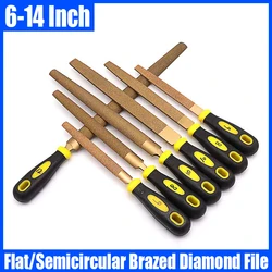 1PC 6/8/10/12/14 Inch Brazed Diamond File Flat/Semicircular File Grinding Tool For Polishing Stone/Glass/Metal/Carving Craft Etc