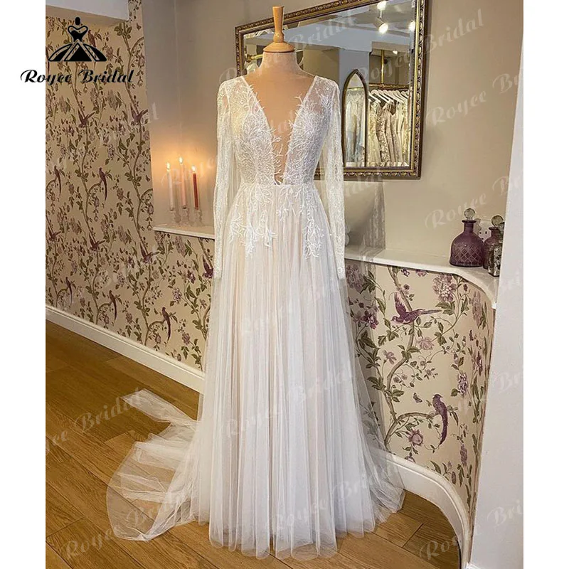 Vestido De Novia 2020 Champagne A Line فستان الزفاف كم طويل دانتيل رقبة V عميقة تول سويب تراين vestido para boda playa 2022