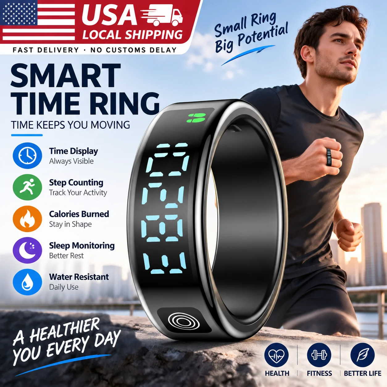 USA Free Shipping Gift Sport Smart Ring for Men Time Display Heart Rate Monitor Healthy Waterproof  Step Count Take Photo Smartring for Women Rings