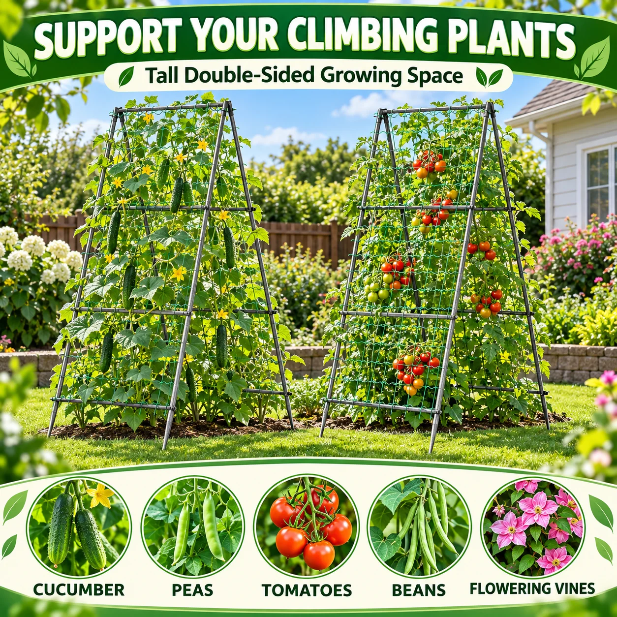 2 Pack A-Frame Garden Trellis 210cm Tall Metal Climbing Plant Support with 4 Nylon Nets and Ground Spikes for Cucumbers Peas Vin