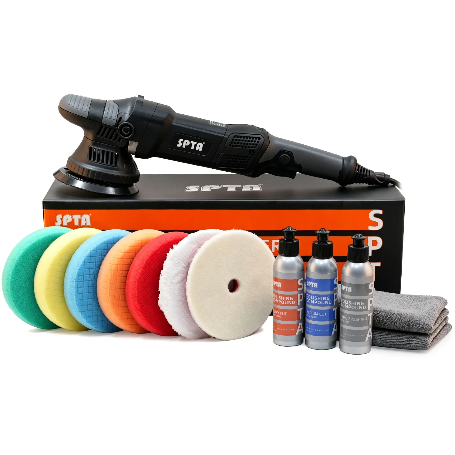 SPTA 5 Inch 125mm Dual Action Random Orbital Car Polisher Buffer with 5Pcs Mix Foam Pads and 1Pc Microfiber Pad,1Pc Wool Pad Car Polishing and Waxing Kit