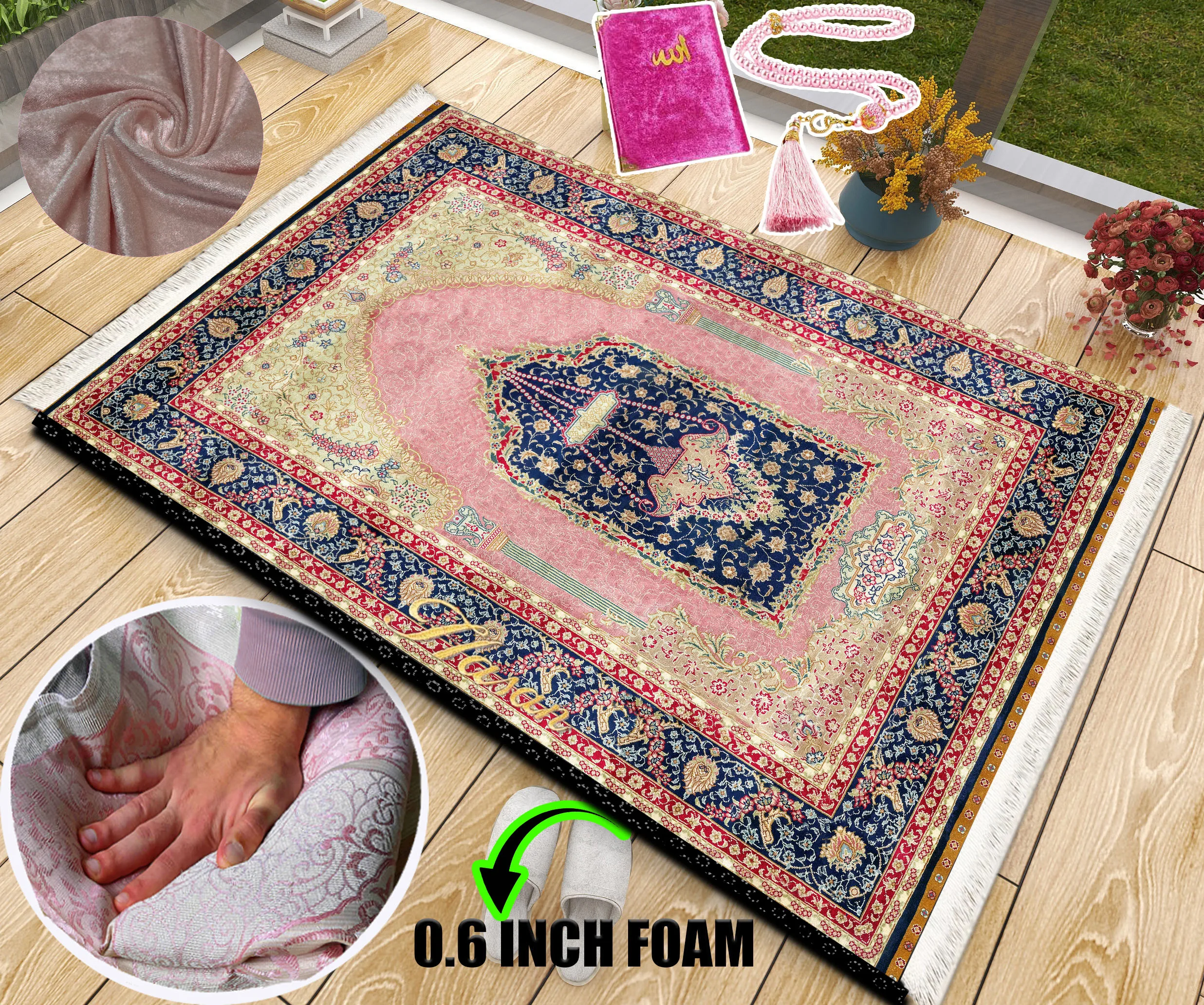 

Extra Thick Foam Padded Turkish Pink Prayer Rug, Luxury Yaseen, Soft Praying Mat Carpet & Pearl Tasbeeh, İslamic Gift Set