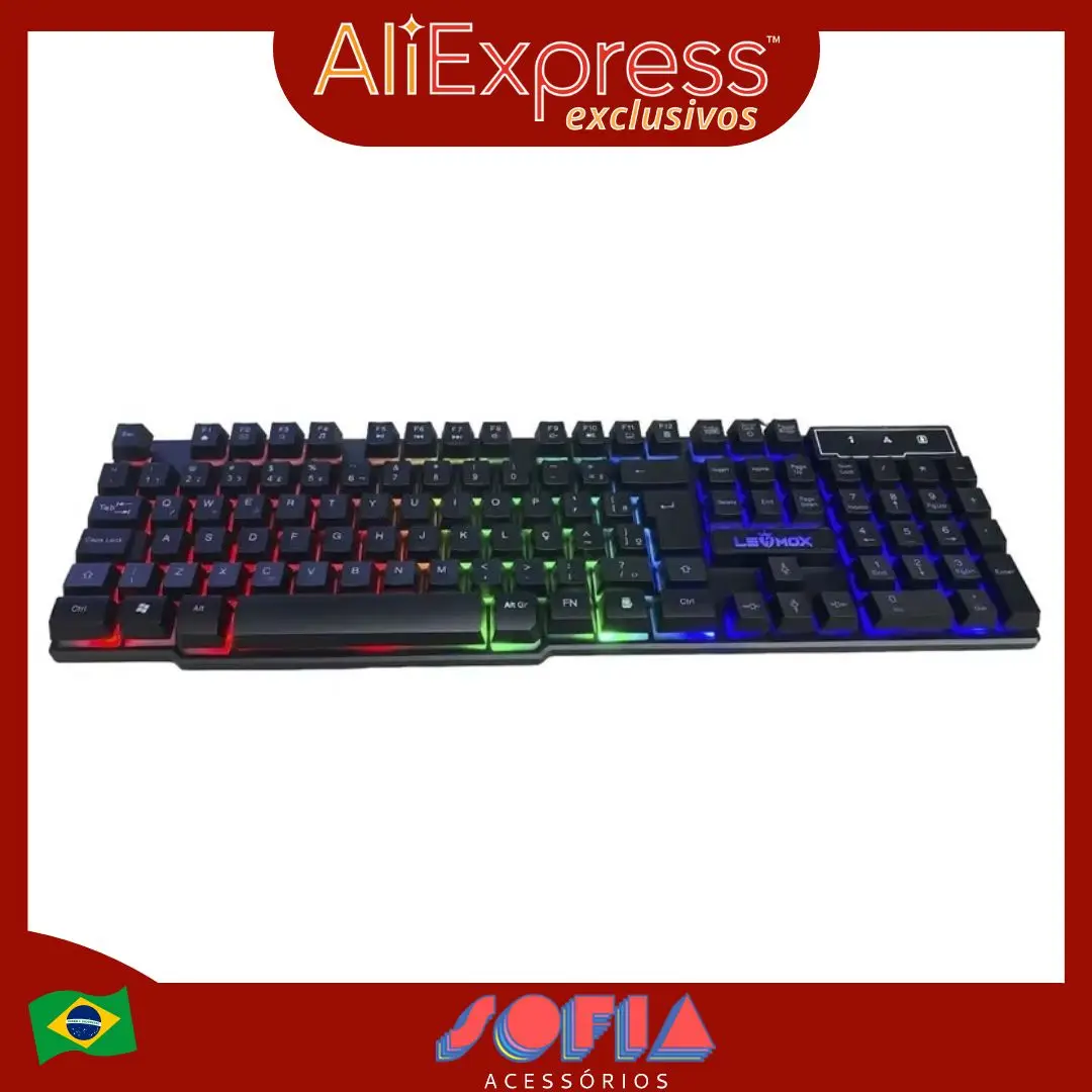 Teclado Gamer LED RGB com Fio USB Semi-Mecânico PT-BR Preto Lehmox LEY-2086 Resistente Alto Desempenho Iluminação Personalizável