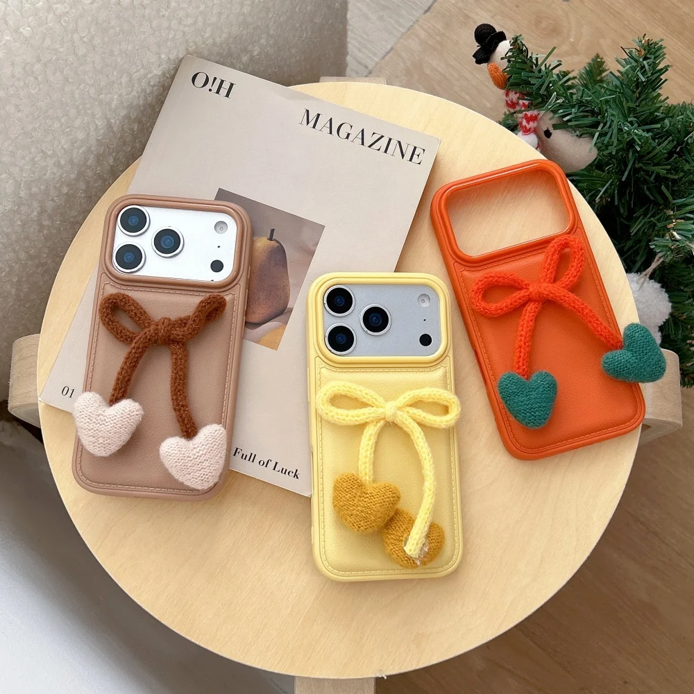 

Solid color leather pattern bulging bow phone case,suitable for iPhone14/15/16/17ProMax, fashionable shockproof protective case