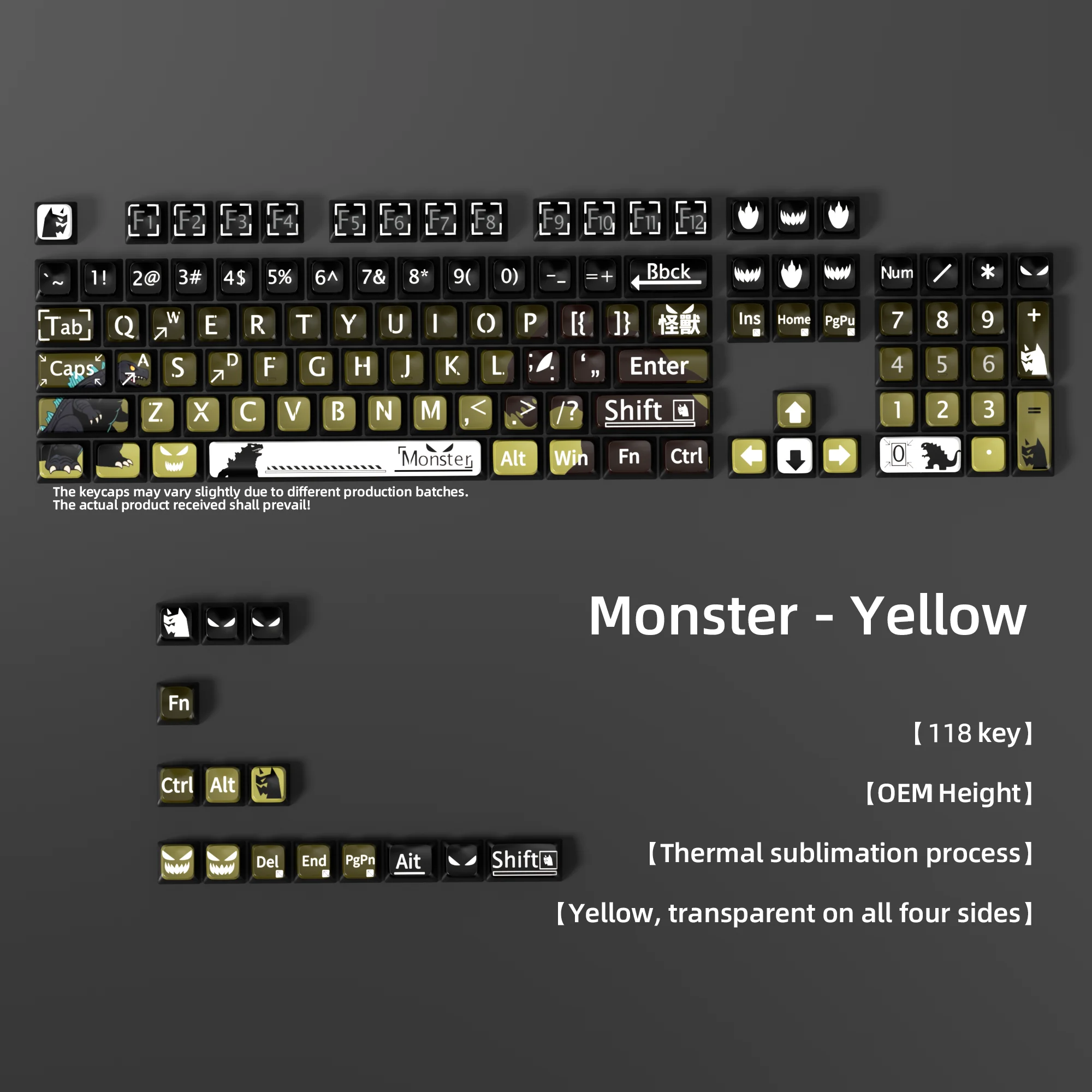 118-Key Monster Theme Keycap Set for Mechanical Keyboards, Yellow Four-Side Translucent Dye-Sub Keycaps