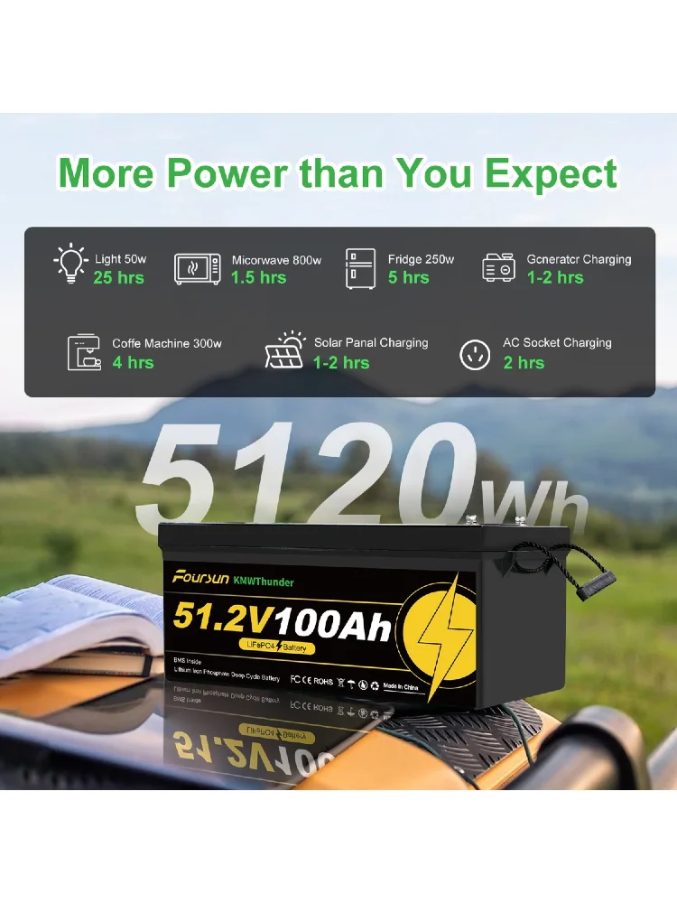 Foursun 51V 100Ah LiFePO4-Batterie mit Niedertemperatur-BMS-Schutz, 4500+ Zyklen für Wohnmobile/Solaranlagen/Camping