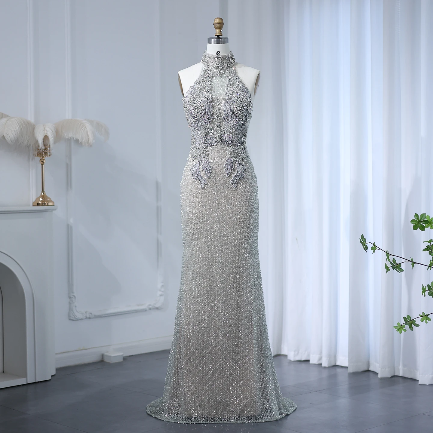 Sharon Said Halter Silver Nude Beaded Luxury Evening Dress for Women Wedding Backkless Arabic Formal Party Gown SS408 Customized image 6