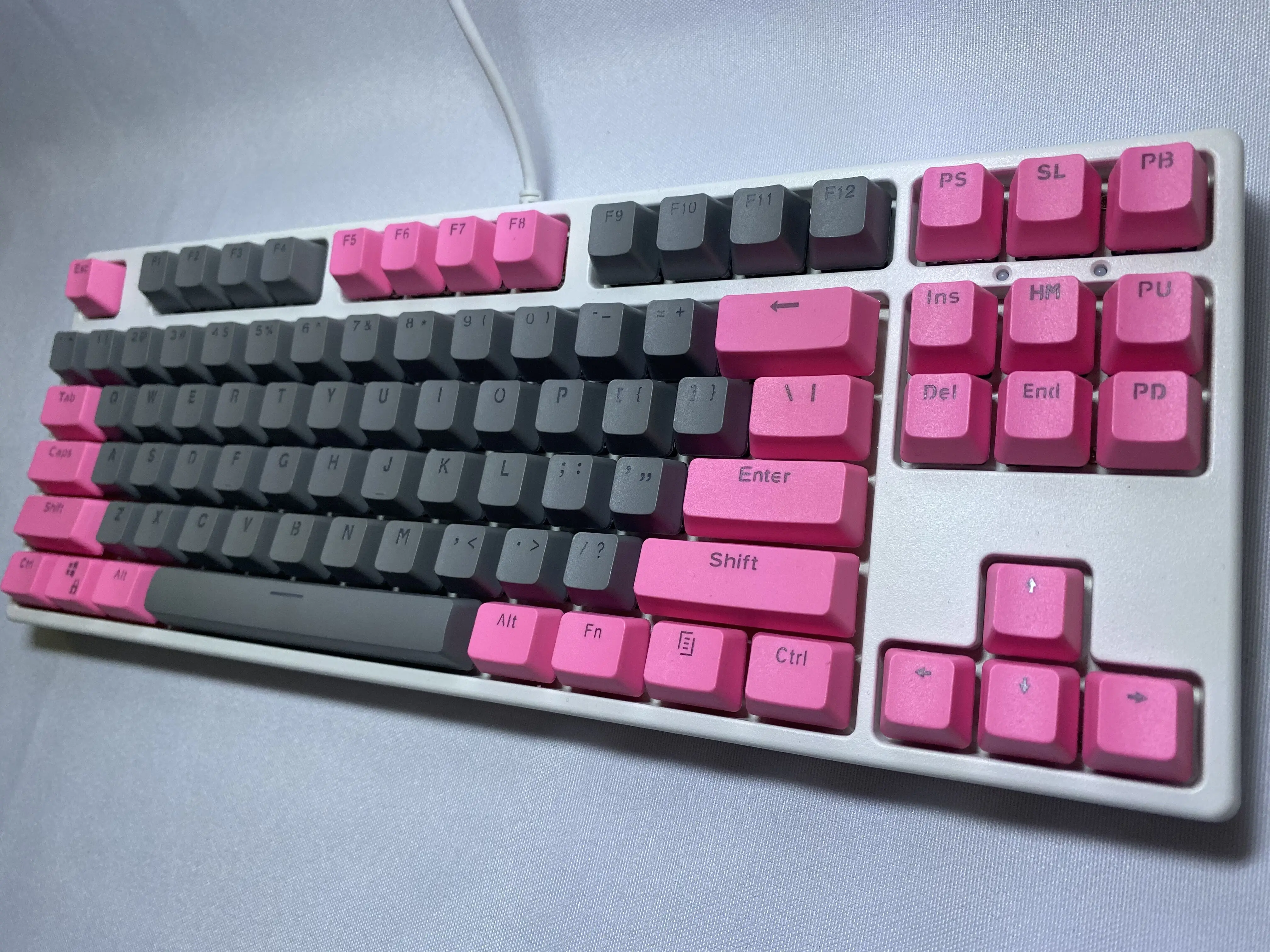 Pink Grey 87 Keycaps, PBT Material OEM Height Mechanical Keyboard Keycaps, Double Backlit Characters, Transparent Game Keycaps