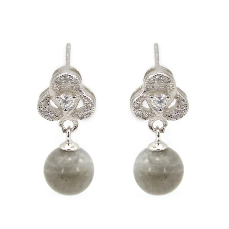 925 Sterling Silver Earrings Celtic knot for semi-pierced 9x16mm - cubic zirconia & Rhodium-plated Silver x 2pcs