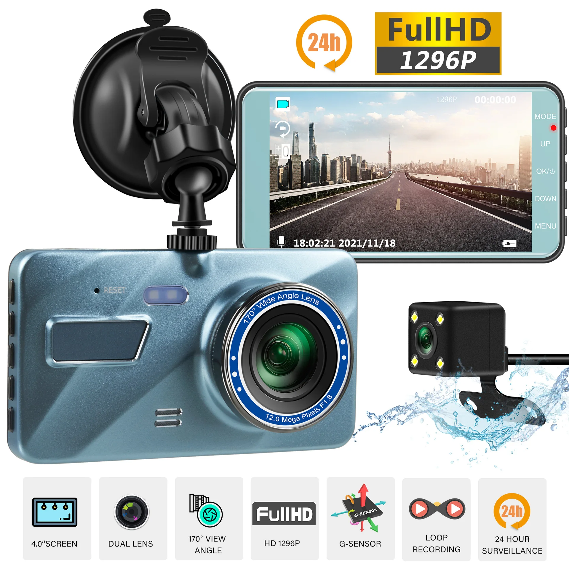 

Dual Lens Dash Cam 1296P Front and Rear Dual Recording Reversing Video Car Recorder Camera