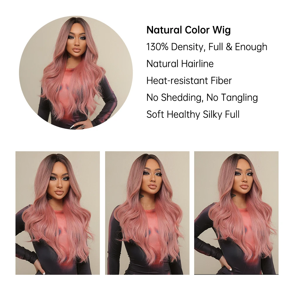 HENRY MARGU Long Water Wavy Synthetic Wigs Black-Brown to Pink Ombre Wigs for Black Women Middle Part Daily Cosplay Natural Hair