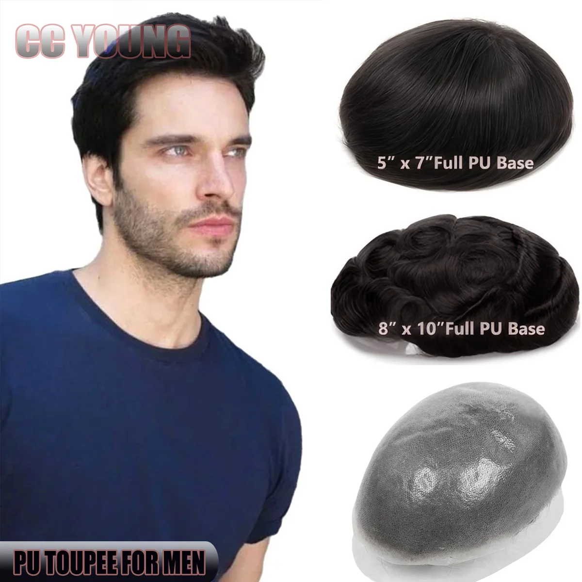 Men's Toupee Real Human Hair Replacement System Poly Base Thin Skin Hair Prosthesis Patch HairPieces Single Knots More Durable