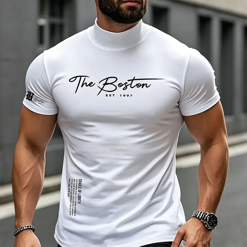Men's Slim Fit Mock Neck Short Sleeve T-Shirt The Boston EST 1997 Letter Print Soft Stretch Casual Summer Streetwear Pullover To